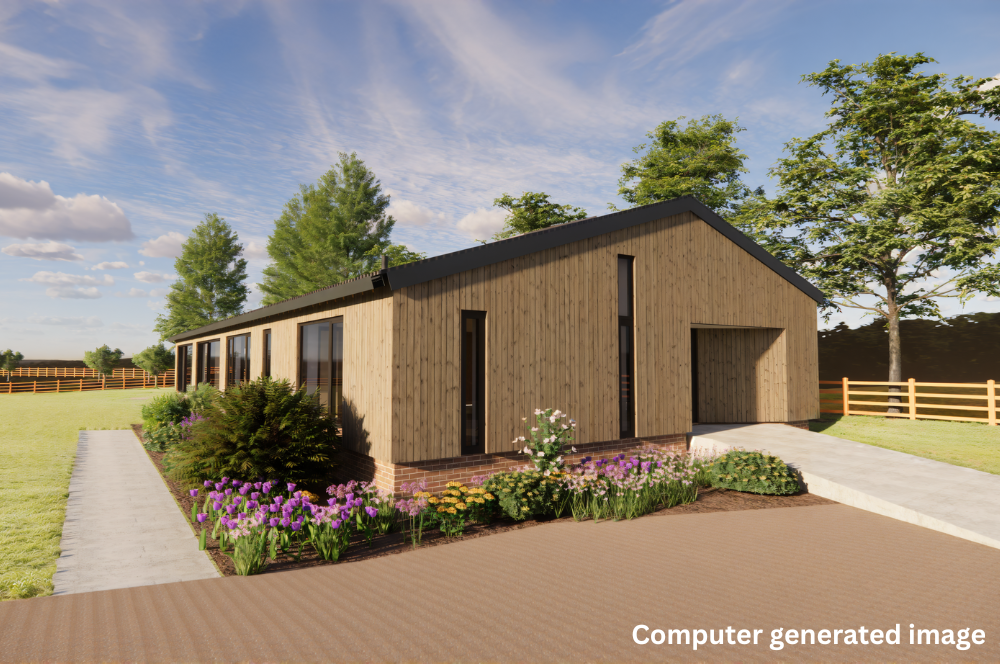 Computer generated image of exterior of contemporary barn conversion with flower beds South East Kent