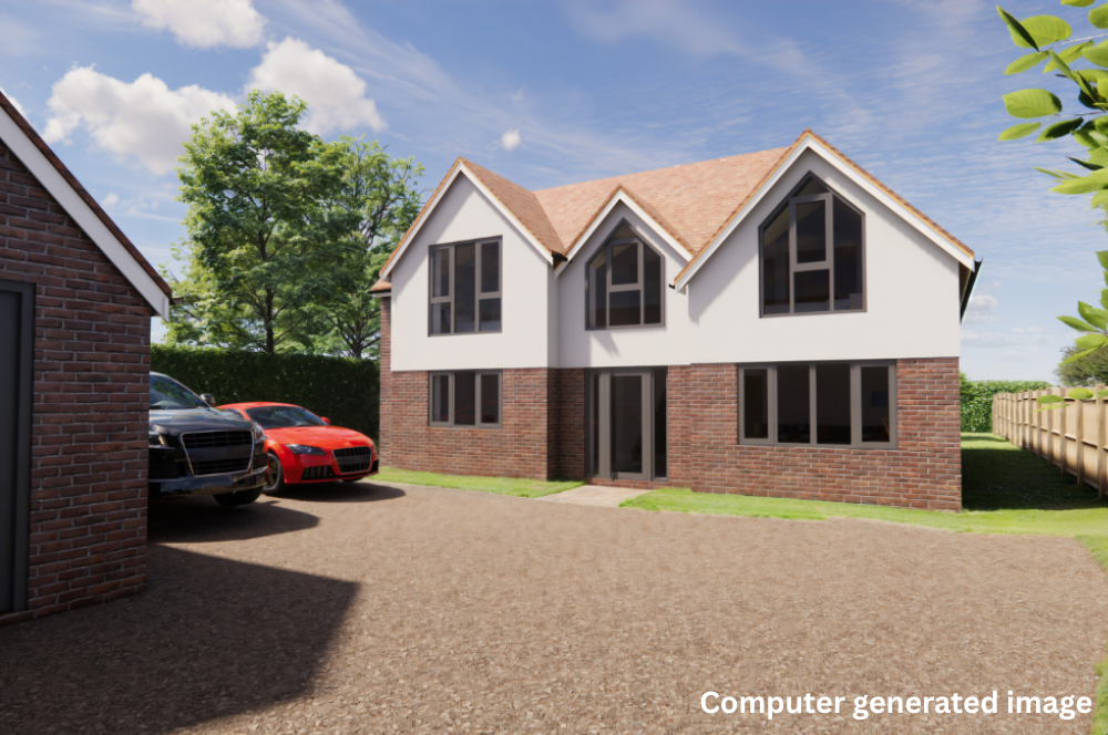 Computer generated image of contemporary new build detached home with second new build in background West Kent
