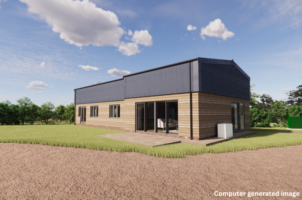 CGI of a beautiful barn conversion with light brown weather boarding on lower level and grey cement sheeting on upper level, large glazed doors onto the garden and windows on the lower level