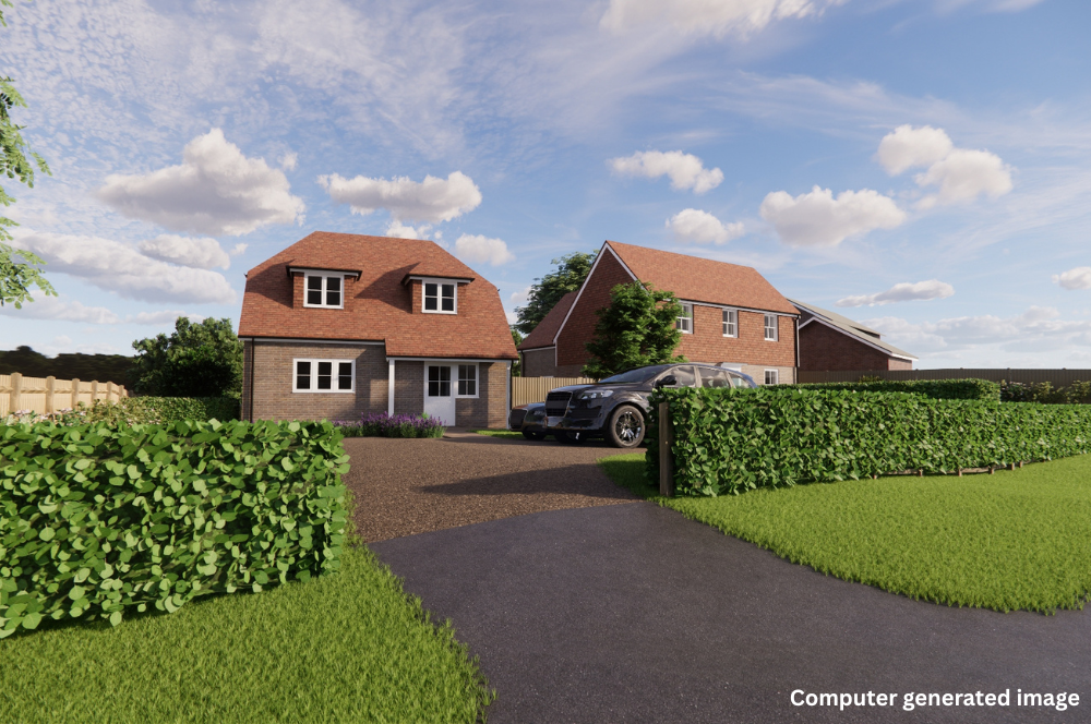 CGI view down driveway leading to one of two detached new build homes with neat lawns and bushes