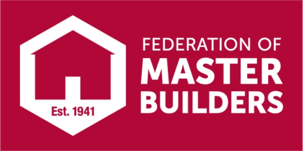 A red and white logo for the Federation of Master Builders featuring a simple house shaped design